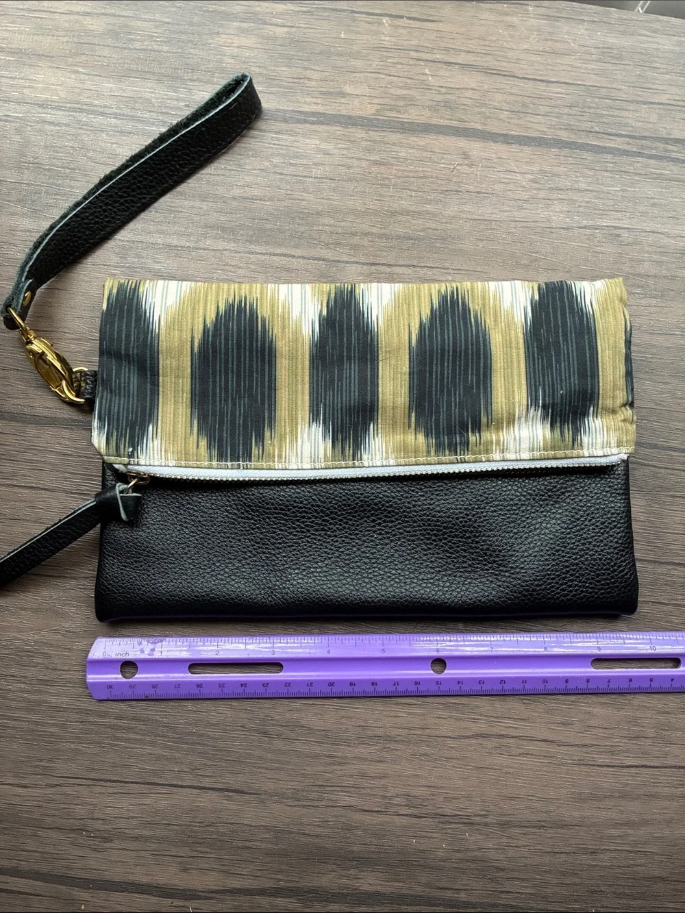 Navy Leather Wristlet Clutch 91/2” X 6” with Olive Patterned Accent